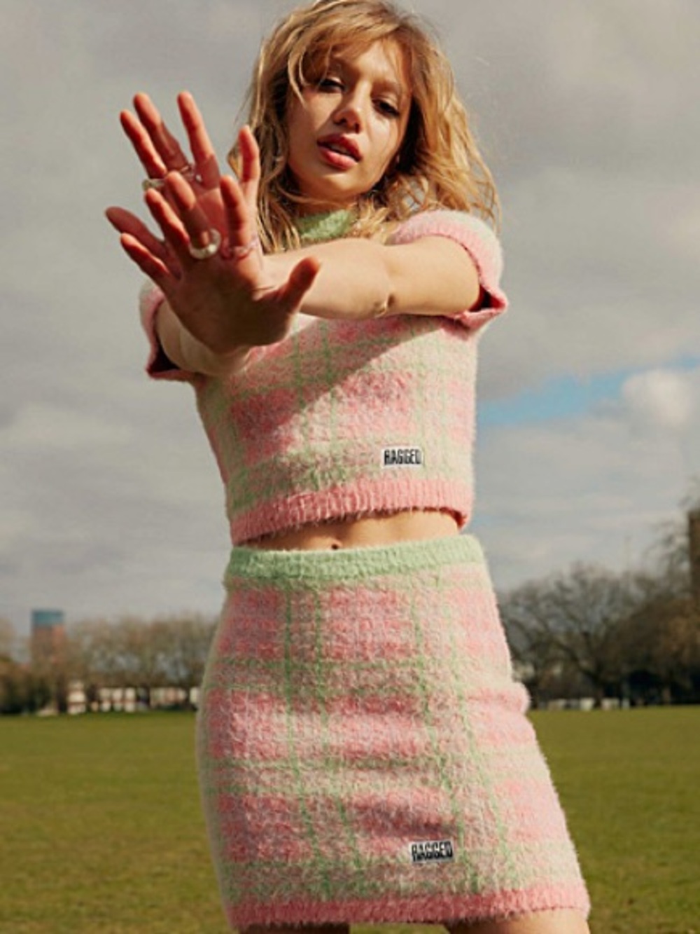 The Ragged Priest Pink Green Plaid Fluffy Knit Cropped Tee Top Short Sleeve